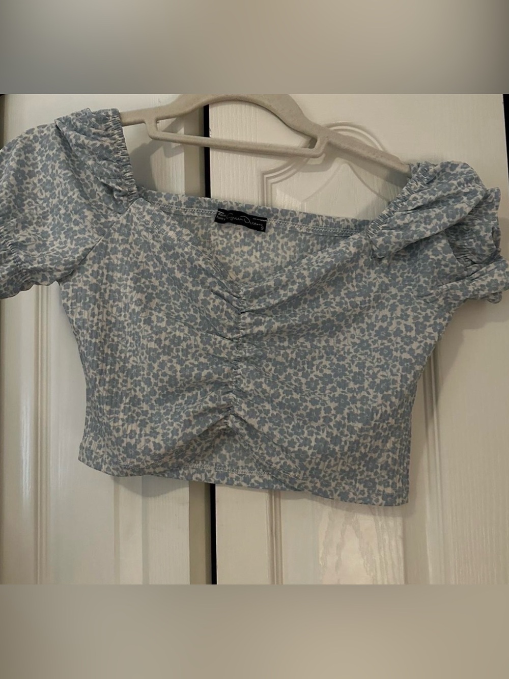 Ruched Light Blue Floral Off-Shoulder Crop Blouse